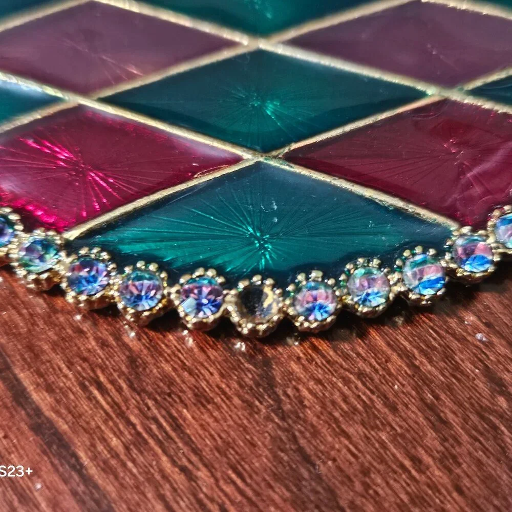 RARE JAY STRONGWATER PLAID ARGYLE HARLEQUIN CRYSTAL ENAMEL BAR DRINK COASTER